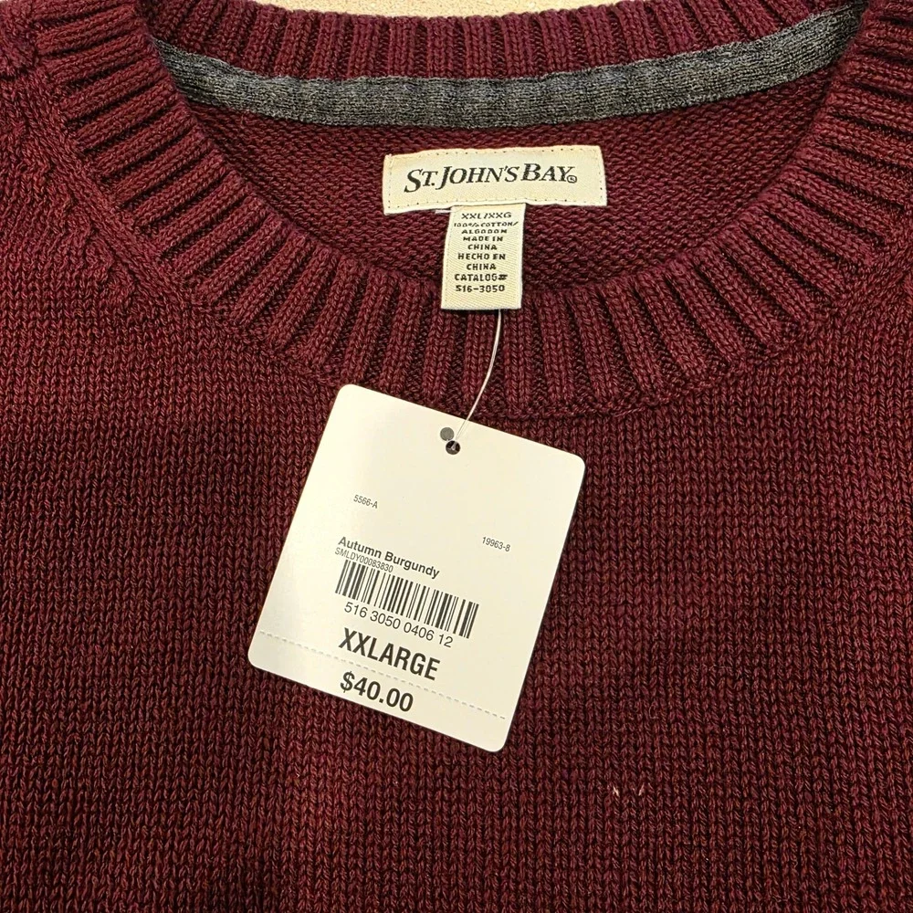 St Johns Bay Sweater Mens XXL, 2X Pullover‎ Crew Neck Burgundy 100% Cotton NWT